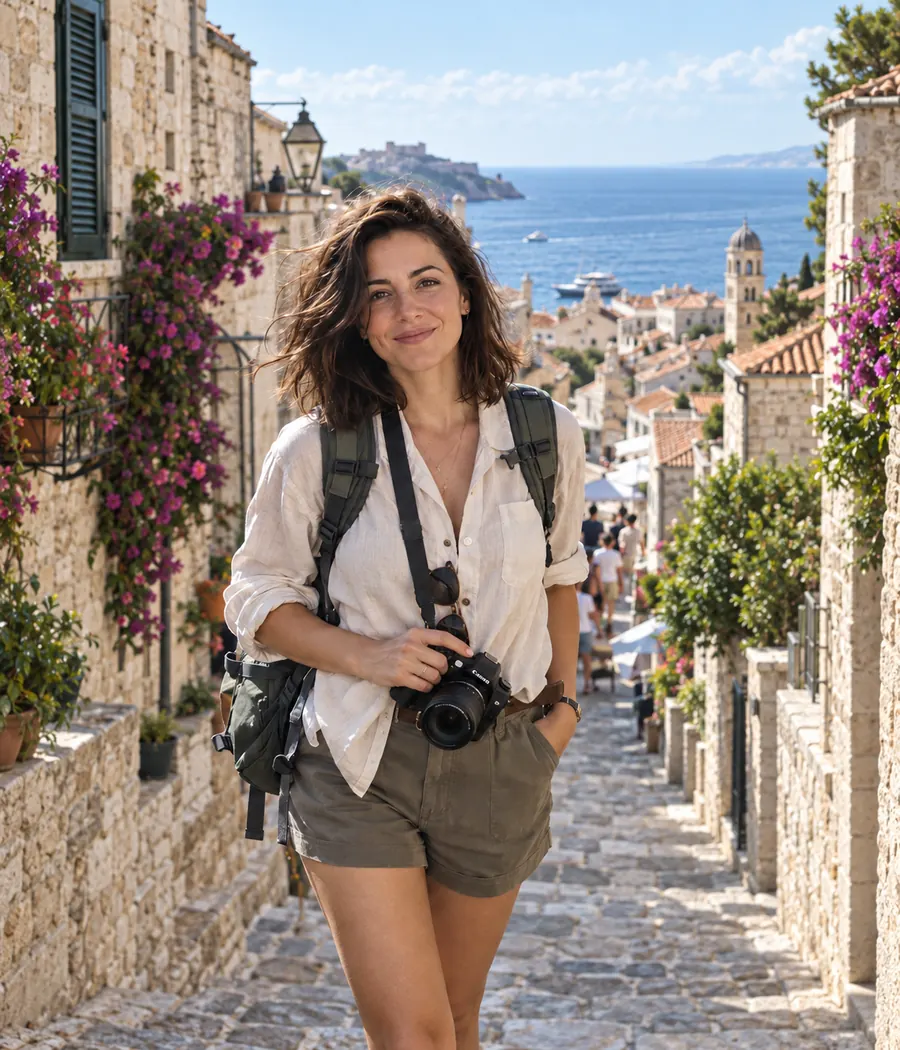 A woman with a camera and backpack on a sunlit stone stairway in a Mediterranean old town, the sea behind her